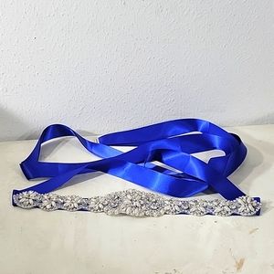 New royal blue with pearls & rhinestone crystals in sliver wedding dress Sash